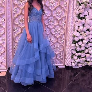 Elegant Blue Gown with Lace Bodice